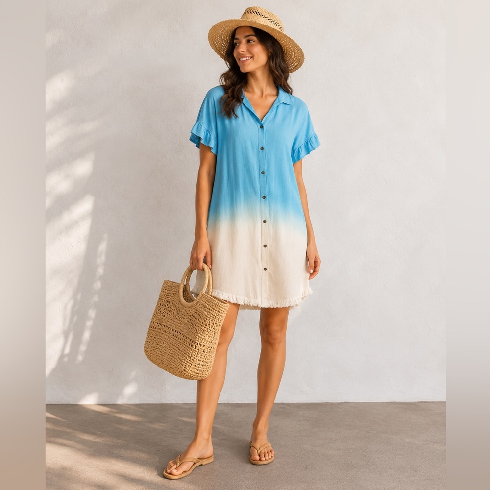 UMGEE U.S.A. Linen-Blend blue and white ombré Shirt Dress size small